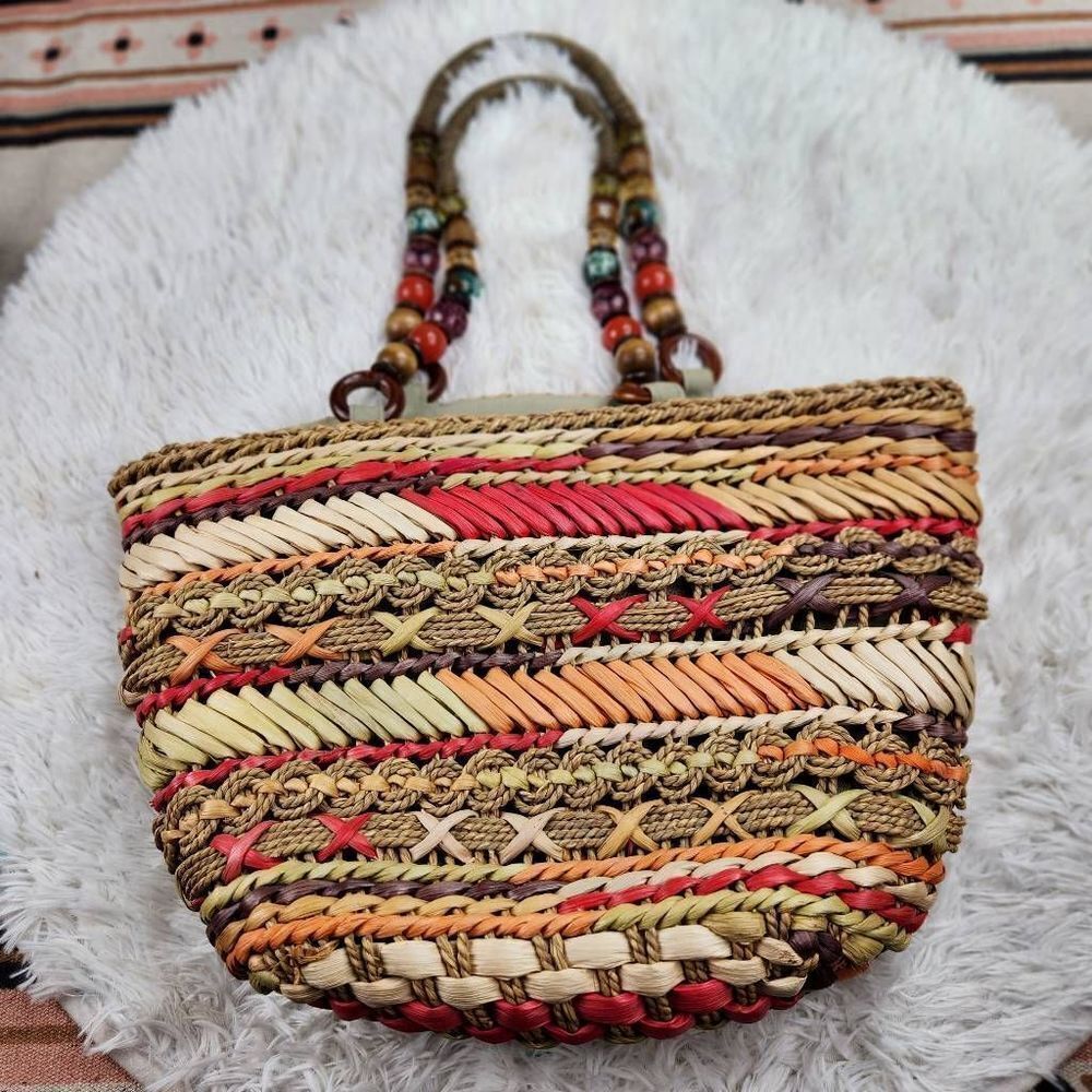 Blue Miami Straw Bag Beaded Handle Boho